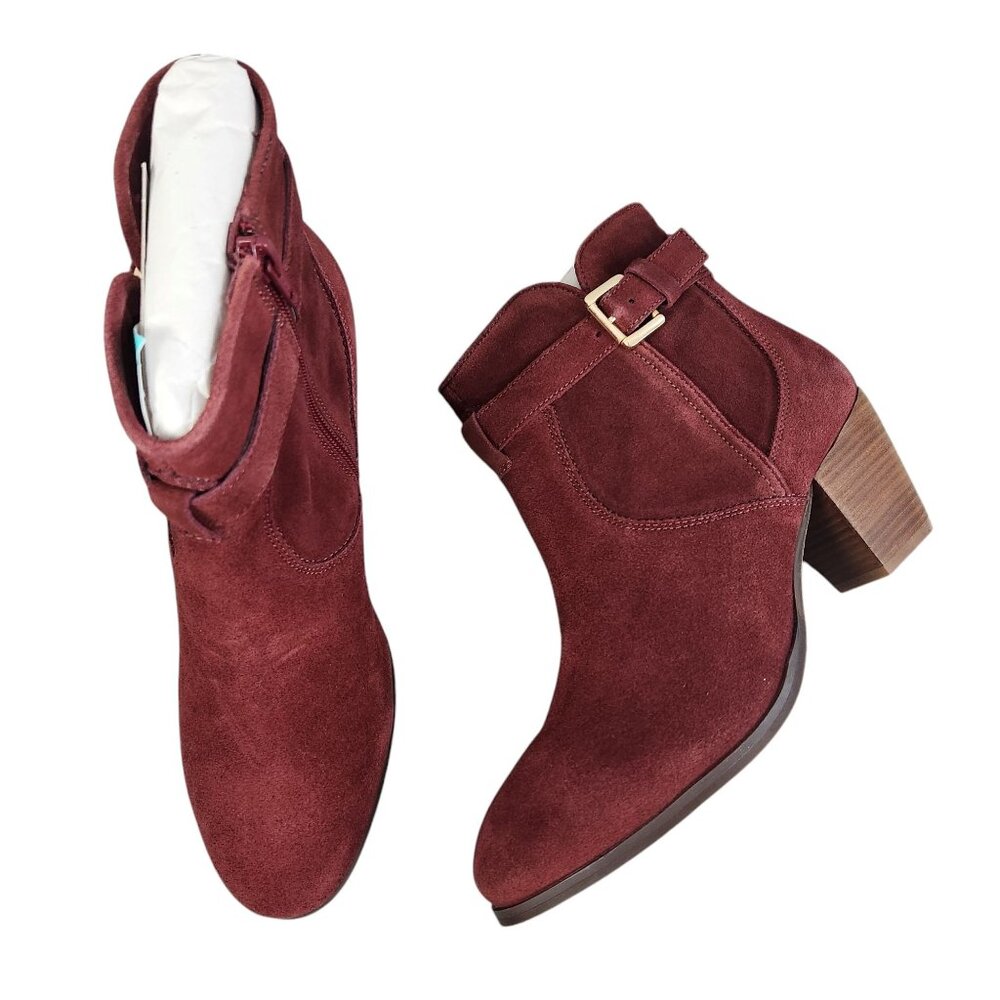 Diba Womens Burgundy Suede Leather Ankle Boots Size 9 With Block Heels & Buckle